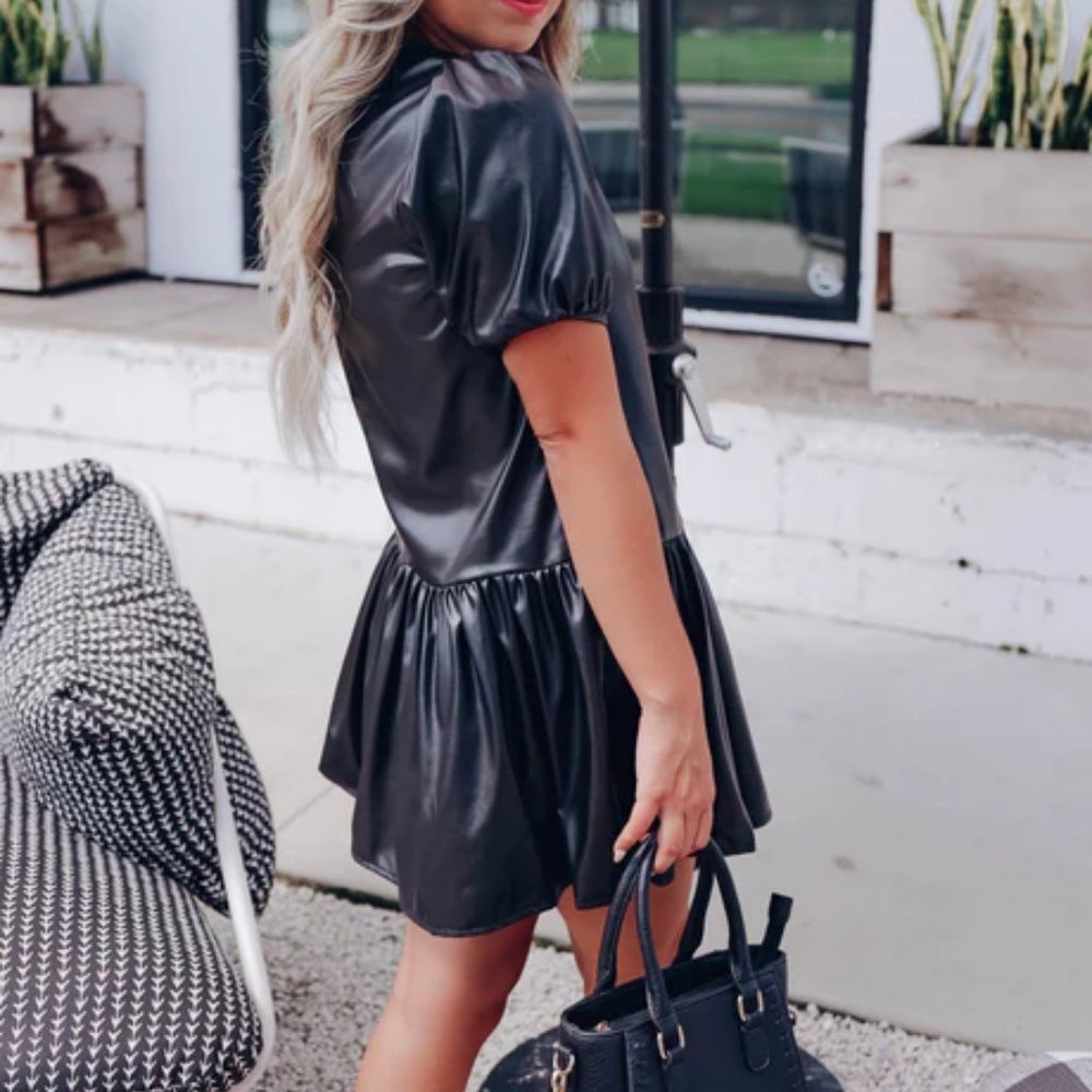 Faux Leather Black Mini Dress - Women's Puff Sleeve Peplum